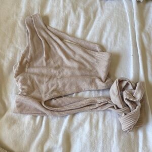 Beige Ribbed One-Shoulder Top